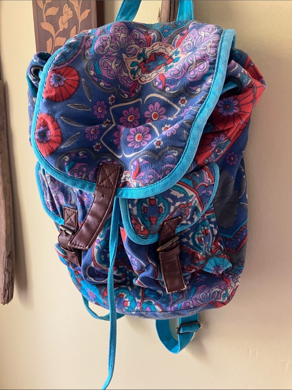 Floral Pattern Blue Canvas Drawstring Backpack